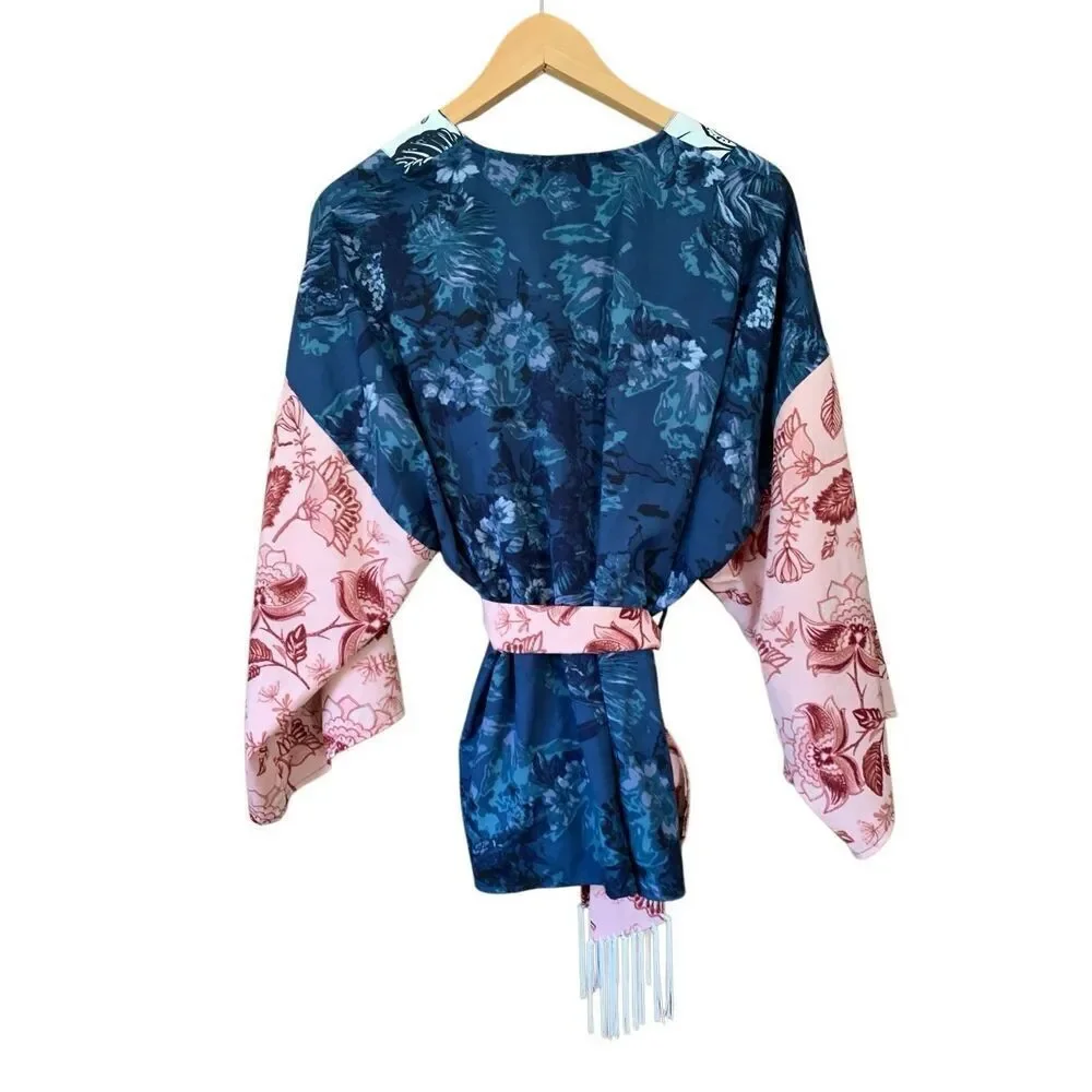Anthropologie Tori Floral Cropped Belted Kimono Blue Multi One Size - Picture 6 of 13